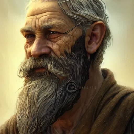 Image similar to old wizard, portrait, rugged, muscular, bearded, male, city landscape, norway, d & d, fantasy, intricate, elegant, highly detailed, digital painting, brown and gold color palette, cloth, octane render, concept art, matte, sharp focus, illustration, herrarthstone, art by artgerm and greg rutkowski and alphonse mucha