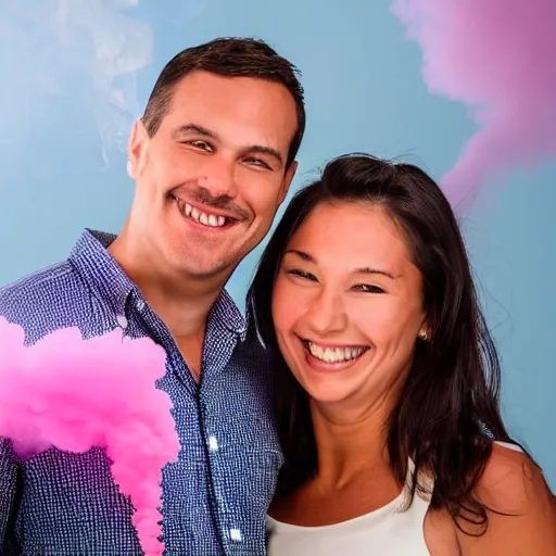 Prompt: a close up of a smiling couple of parents to be, 9 / 1 1 with pink smoke in the background