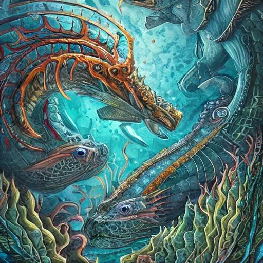 Image similar to underwater sea dragon, d & d style, trending on artstation, colorful, intricate, highly detailed art by aurore folny and ilse gort and yugin maffioli