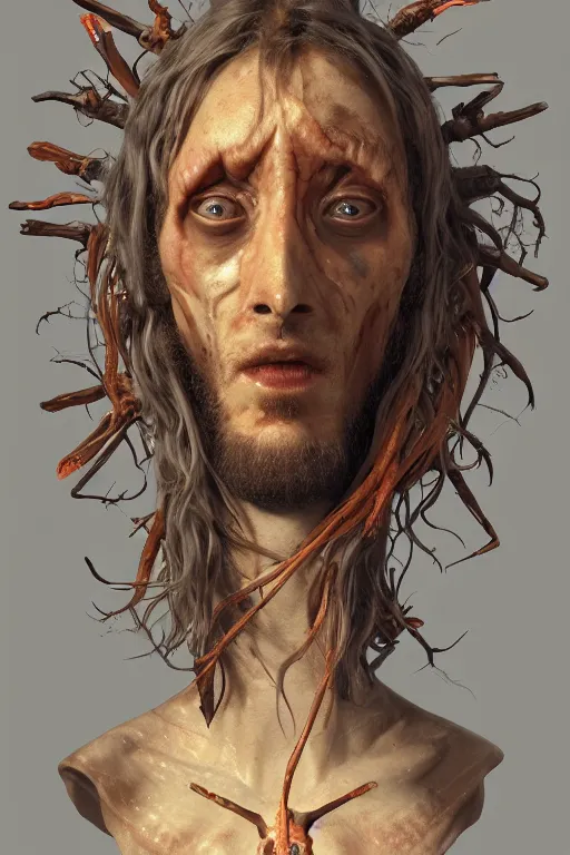 Image similar to A Fleshy-Carrion-Jesus crossbreed, illustrated by Antoine Verney-Carron and J. Lesaffre, trending on artstation, 4k, 8k, artstation 3d render, artstation 3d, artstation graphics, artstation lighting