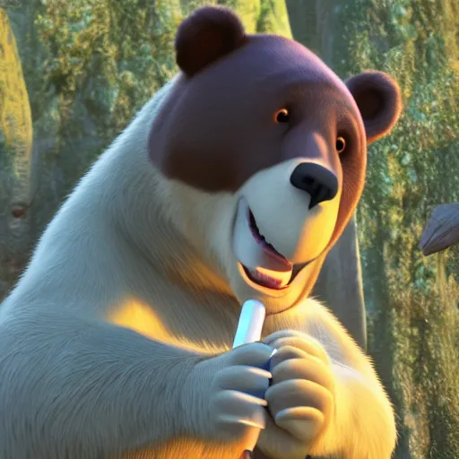 Image similar to a bear smoking a joint, pixar style, 4 k