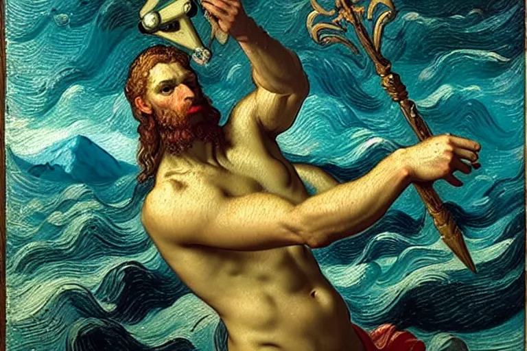 Prompt: hyperrealistic renaissance oil painting of greek god poseidon taking a selfie of himself underwater holding a go pro look king confused holding his trident, highly detailed and intricate by vincent vang gogh and billy butcher
