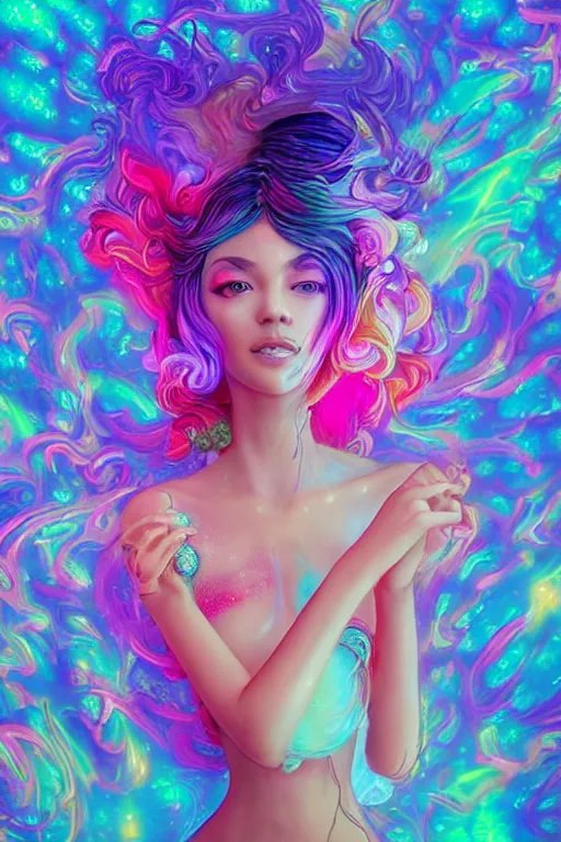 Image similar to a beautiful princess engulfed in colorful liquid clouds and neon smoke, extremely psychedelic experience, psilocybin, lsd, dmt, face, highly detailed, artstation, concept art,, sharp focus, digital art by hana yata, and artem demura and beeple, lisa frank, cyberpunk, octane render, unreal engine, 8 k