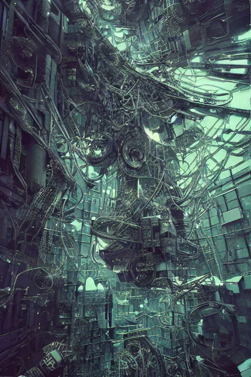 Image similar to interstellar spacetime dystopía made of bits of data | moods by Beeple toothwu gurney Beksiński | hard surface rendering; 3D realistic materials;cybersteampunk | geometry of various pieces of interconnected rusted metallic radial gears, chains, gizmos, cogs, sprogs | touch of skyblue science fiction fantasy