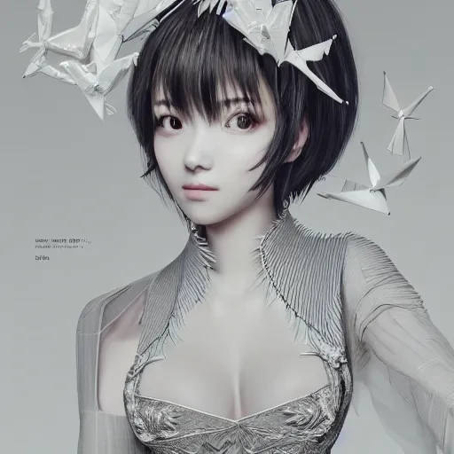 Prompt: the portrait of an absurdly beautiful, elegant, fashionable gravure idol made of white paper origami cranes, hyperrealistic illustration by kim jung gi, iralki nadar, extremely detailed intricate linework, reflective eyes, smooth, super sharp focus, bright colors, high contrast, matte, octopath traveler, octane render, global illumination, radiant light