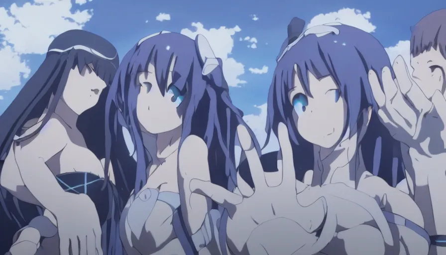 Prompt: Danmachi Hestia holding hands with Bell Cranel at dawn • cinematic anime screenshot by the Studio JC STAFF