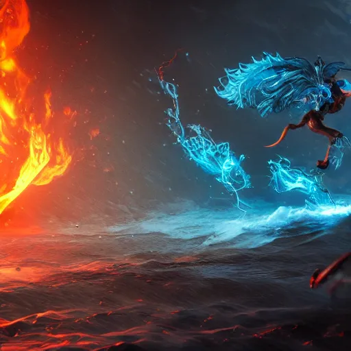 Image similar to A creature made of energy flows of water and fire, a highly detailed epic cinematic concept art CG render, made in Maya, Blender and Photoshop, octane render, excellent composition, dynamic dramatic cinematic lighting, by Dang My Linh