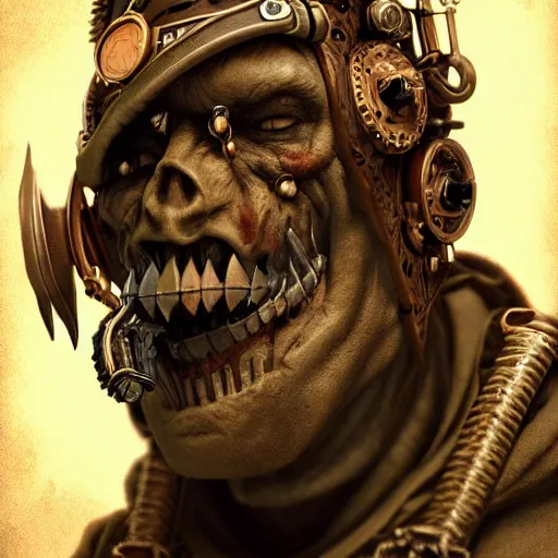 Image similar to necrotic steampunk orc, dynamic lighting, photorealistic dark fantasy concept art, trending on artstation, stunning visuals, creative, cinematic, ultra detailed