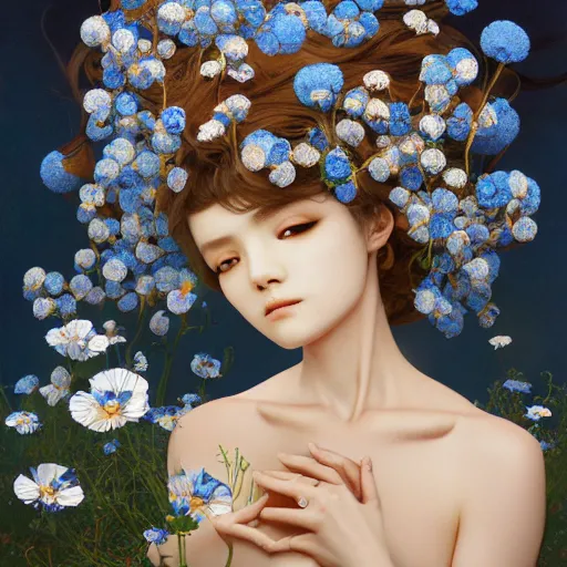 Image similar to breathtaking detailed concept art painting of the goddess of nemophila flowers, orthodox saint, with anxious, piercing eyes, ornate background, amalgamation of leaves and flowers, by Hsiao-Ron Cheng, James jean, Miho Hirano, Hayao Miyazaki, extremely moody lighting, 8K