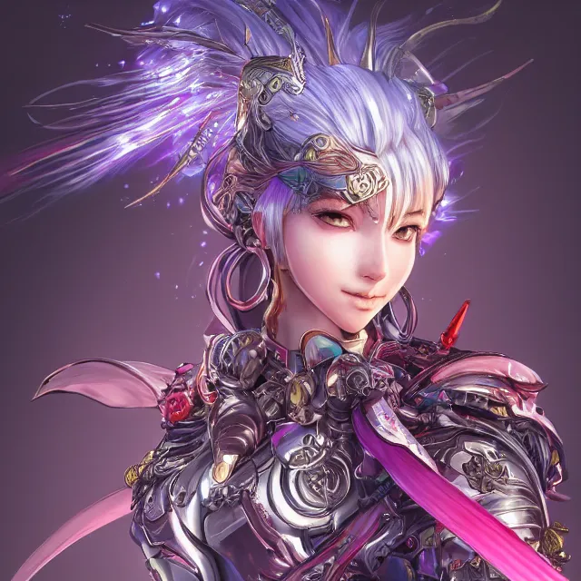 Image similar to studio portrait of lawful good colorful female holy mech paladin as absurdly beautiful, elegant, young sensual anime girl, ultrafine hyperrealistic detailed face illustration by kim jung gi, irakli nadar, intricate linework, sharp focus, bright colors, matte, octopath traveler, final fantasy, unreal engine highly rendered, global illumination, radiant light, intricate environment