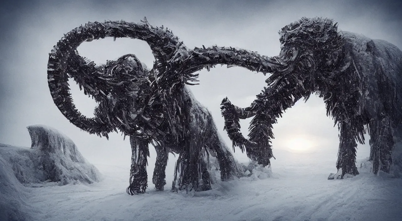 Image similar to “photo of a mechanical mammoth inspired by h.r.giger in an arctic storm, fog, snow storm, cold sunset, wind , ice, photoreal”