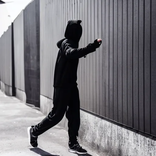 Prompt: photo of a dabbing man, in black hoodie and black pants, broad daylight in front of construction site barier wall