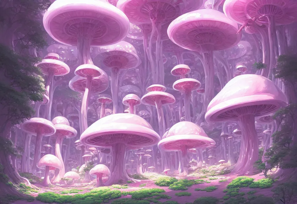 Prompt: a small chubby pink futuristic castle in a forest of giant white mushrooms, intricate oil painting, high detail illustration, sharp high detail, manga and anime 1 9 9 9, official fanart behance hd artstation by jesper ejsing and makoto shinkai, 4 k,