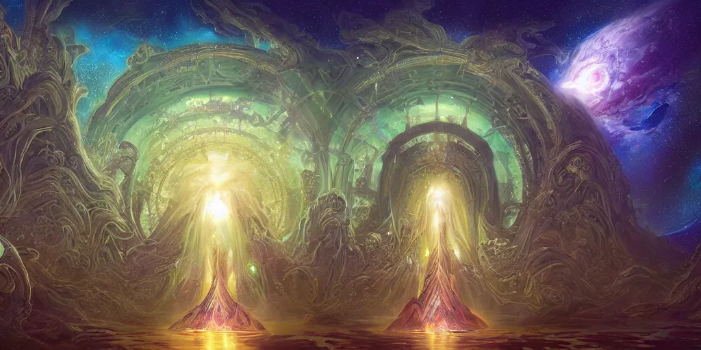 Image similar to majestic interstellar portal, fortress gateway, huge futuristic temple city, Great Leviathan Turtle, cephalopod, Cthulhu Squid, hybrid, Mythic Island, magical sparkling lake, Rainforest, birds eye, vista view, Solar Flare, peter mohrbacher, vladimir kush, michael whelan, tsutomu nihei, kay sage, digital art, airbrush, art nouveau, intricate, clear, looming, epic, depth, artstation, highly detailed, blender, Unreal Engine, octane render, vray, 8k