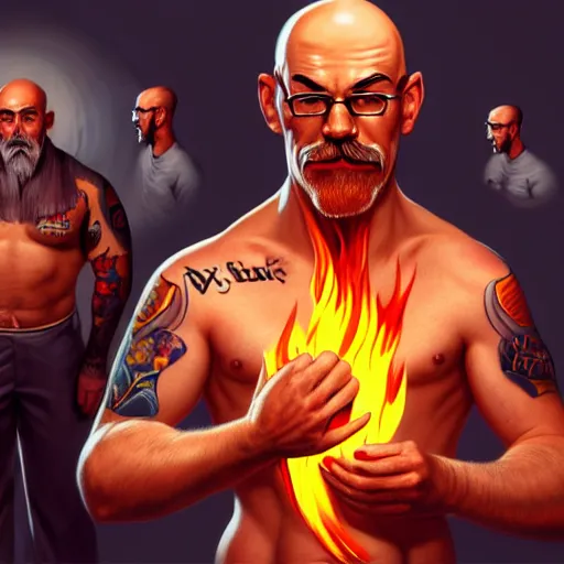 Image similar to bald boxer with chest tattoos with van dyke beard on fire, digital art, cinematic, concept art, 8k, painting, imaginefx, cgsociety, syd mead, trending on artstation, wide shot, full shot