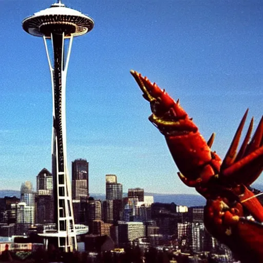 Image similar to giant lobster Kaiju attacking the space needle in Seattle, film still, 1992, detailed, 4k