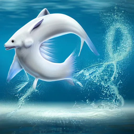 Image similar to a large white - blue aquatic animal jumping out of the water, a digital rendering by maki haku, trending on deviantart, rayonism, hyper - realistic, photorealistic, hyper realism.