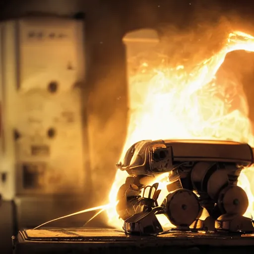 Image similar to toaster oven mecha head, dark messy smoke - filled cluttered workshop, dark, dramatic lighting, orange tint, sparks, cinematic, highly detailed, sci - fi, futuristic, movie still