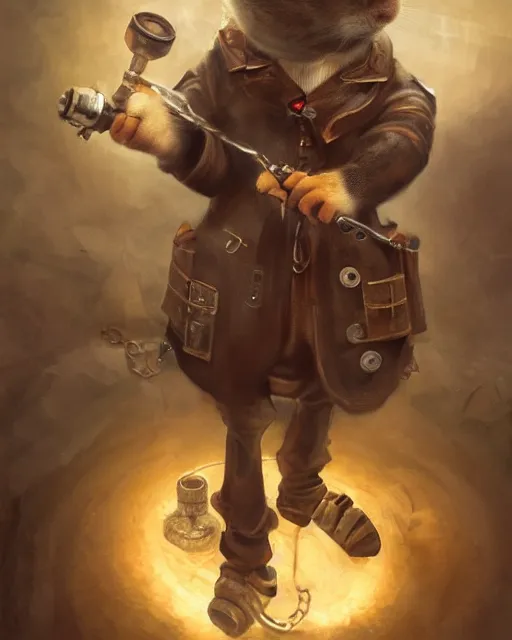 Prompt: oil painting of anthropomorphized hamster holding drill, steampunk clothes, close shot, full body, dark steampunk mine shaft background, sharp focus, fantasy style, octane render, volumetric lighting, 8k high definition, by greg rutkowski, highly detailed, trending on art Station, dungeons and dragons artwork, centered