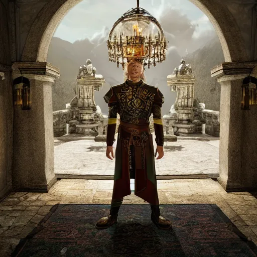 Prompt: the elder scrolls vi, charismatic regal blonde high elf male jarl, portrait, exquisitely designed throne room, atmospheric lighting, painted, intricate, volumetric lighting, beautiful, daytime, sunny weather, sharp focus, deep colours, ultra detailed, by leesha hannigan, ross tran, thierry doizon, kai carpenter, ignacio fernandez rios