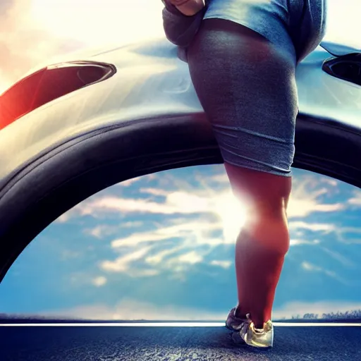 Image similar to car, bodybuilder, woman, holding, road, photo, digital art, hands, tire