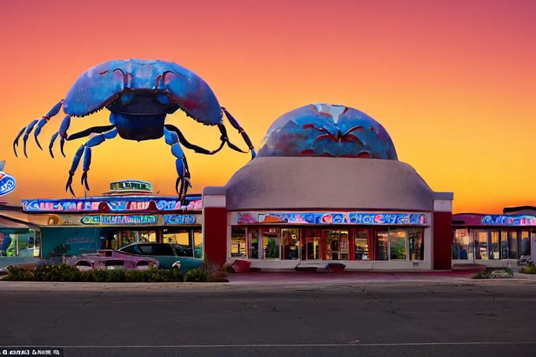 Image similar to giant crab attacking a california drive in, in 2 0 1 2, bathed in the the glow of the sunset, low - light photograph, in style of ansel adams