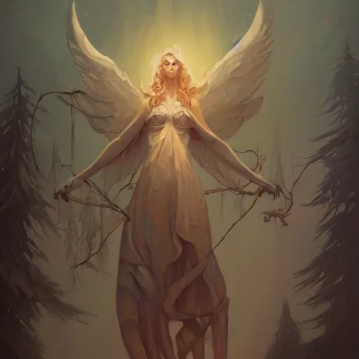 Prompt: painting of an angel made out of trees in the style of peter mohrbacher, kev walker, highly detailed, epic composition, trending on artstation