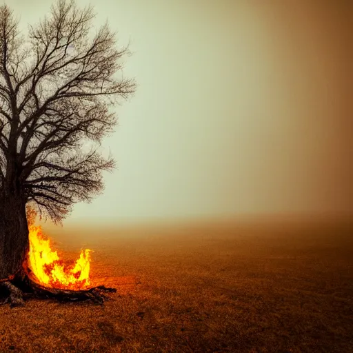 Image similar to hollow oak tree on fire, portrait, intricate, photograph, fog extreme details cinematic masterpiece