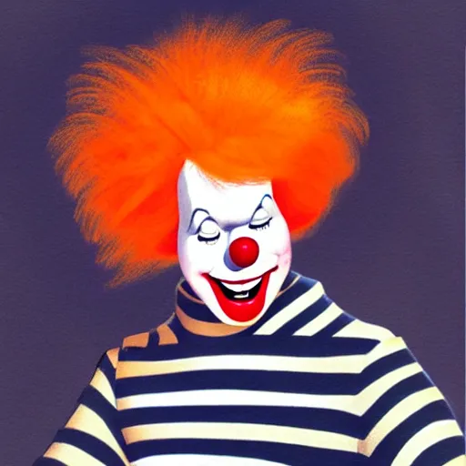 Image similar to a bozo clown wearing a orange wig and striped shirt, digital art, trending on artstation, vintage, retrofuturism, art by marc davis, marc davis artwork, poster