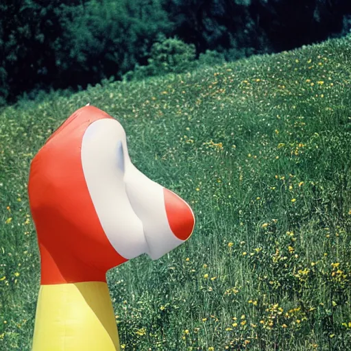 Image similar to sad woman with an inflatable nose, long snout, in the hillside, 1974 fellini, archival footage, technicolor film