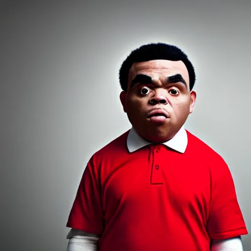 Image similar to 4 k editorial photograph of down syndrome midget kevin gates, sharp focus, soft lighting, edge lighting, studio portrait, 1 3 mm film color grading