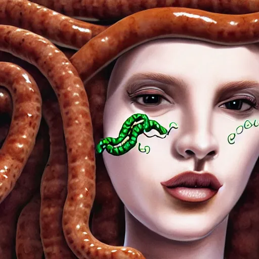 Image similar to medusa with sausages instead of snakes, sausage hair, photorealistic, illustration