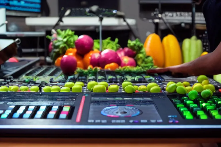 Image similar to film still of fresh fruits and vegetables making beats in the studio on an mpc