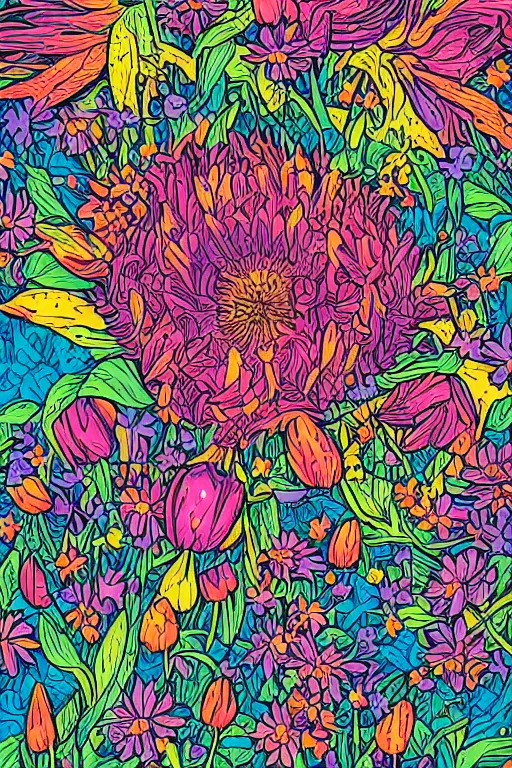 Image similar to spring flowers, happy and beautiful, by dan mumford