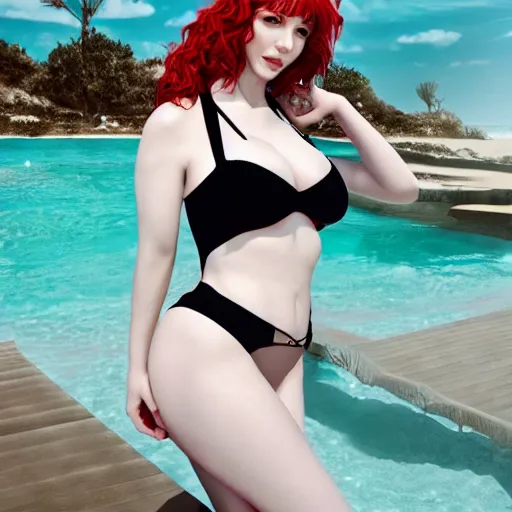 Image similar to 3 d render of christina hendricks in black swimsuit, smooth, intricate, octane, reflects, ultra detailed, sharp focus, symmetry