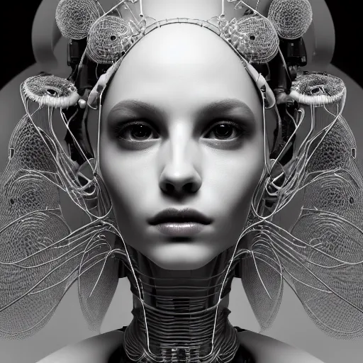 Image similar to closeup portrait of an absurdly beautiful, graceful, sophisticated, fashionable cyberpunk mechanoid gravure idol, an ultrafine hyperdetailed illustration by irakli nadar, matt wisniewski style, fashion photography, intricate linework, porcelain skin, jellyfish headdress, unreal engine 5 highly rendered, global illumination, radiant light, detailed and intricate environment