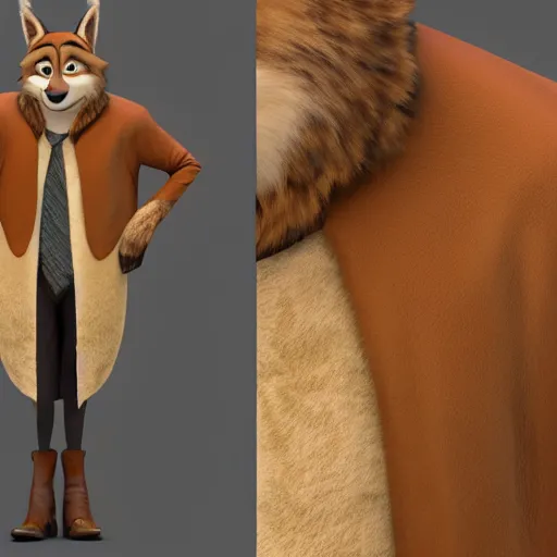 Prompt: portrait, 3 d render, anthropomorphic coyote male, wearing along brown leather maxi coat, in the style of zootopia