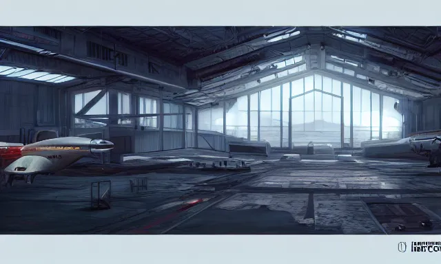 Image similar to matte painting, digital painting, high quality, unreal engine 5, a sci fi hangar