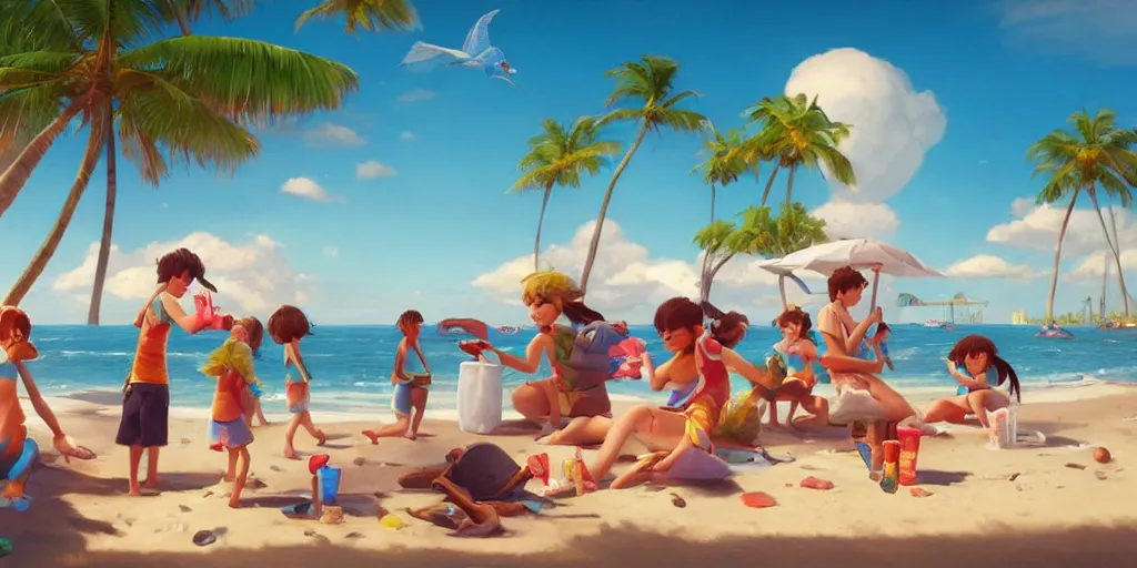 Prompt: a wholesome animation key shot of kids eating ice cream at a tropical beach, medium shot, waist up, studio Pixar and Disney animation, sharp, very detailed, high resolution, Rendered in Unreal Engine 5, anime key art by Greg Rutkowski, Bloom, dramatic lighting