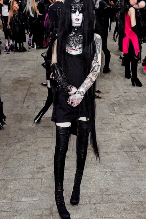 Image similar to beautiful black-and-red haired goth girl, hyper-maximalist, highly-detailed and intricate, Rick Owens, pastel goth, trending on r/streetwear, outfit photo, we see them from head to toe