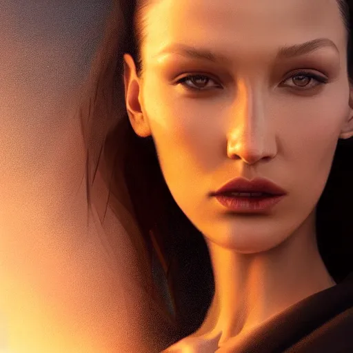 Image similar to a closeup portrait of bella hadid, dramatic light, city background, sunset, high contrast, sharp, painted by stanley lau, painted by greg rutkowski, painted by stanley artgerm, digital art, trending on artstation