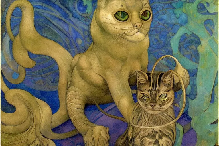 Image similar to ornate mechanical cat, by annie swynnerton and diego rivera and nicholas roerich and jean delville, symbolist, dramatic lighting, god rays, elaborate geometric ornament, art brut, colors are soft greens and blues and purple, smooth, sharp focus, extremely detailed, adolf wolfli and ( donato giancola )