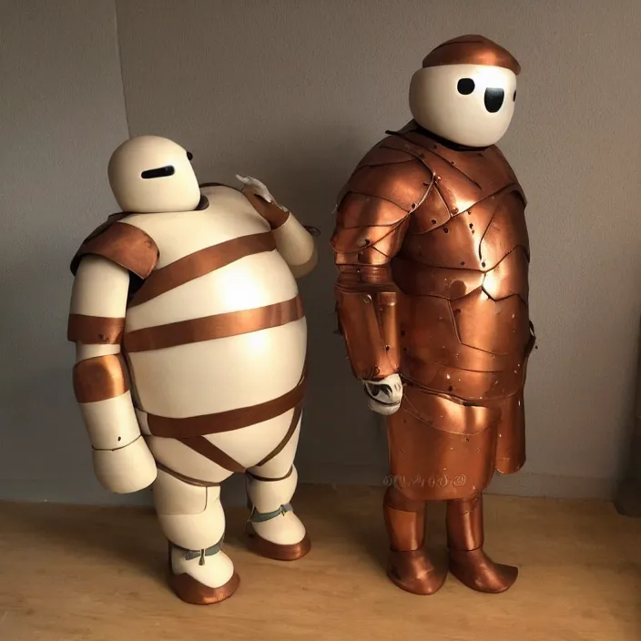 Image similar to a medieval baymax made out of wood and copper