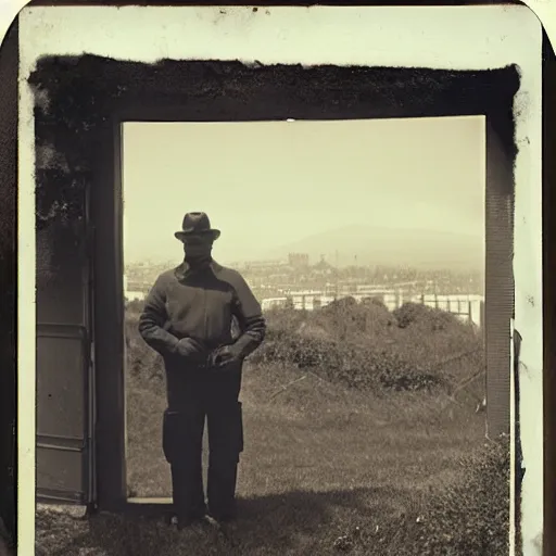 Image similar to san francisco, strawberry hill, post - nuclear city in background, man standing in front of bunker door, tintype photograph