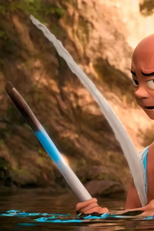 Image similar to close up still shot of aang learning to water bend in a river, from the live action movie the last airbender, 3 5 mm, highly detailed, dynamic lighting
