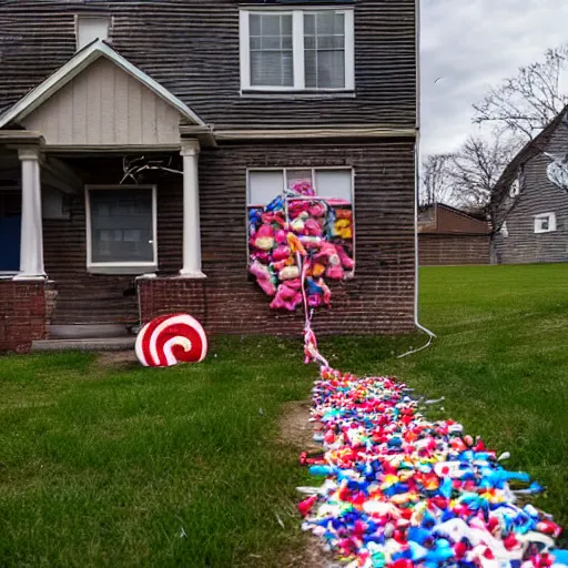 Prompt: photo of candy string strewn around a small house