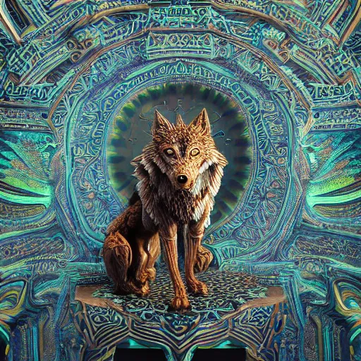 Image similar to A photo-real delicate sculpture of an ornate detailed wolf in front of a intricate background by AJ Fosik, micro detail, backlit lighting, octane renderer, colorful, physically based rendering, tribal art, trending on cgsociety