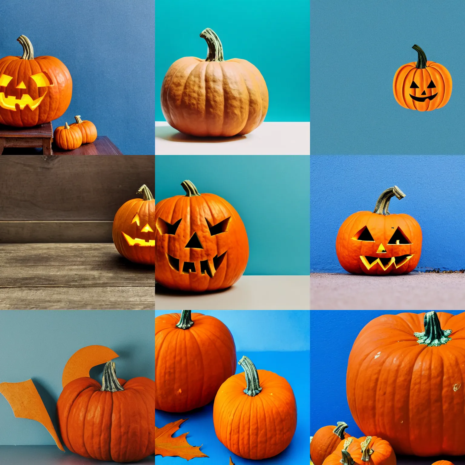 Prompt: an image of a pumpkin in front of a blue background