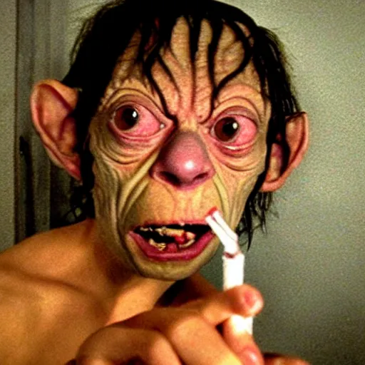 Image similar to gollum with cigarette selfie