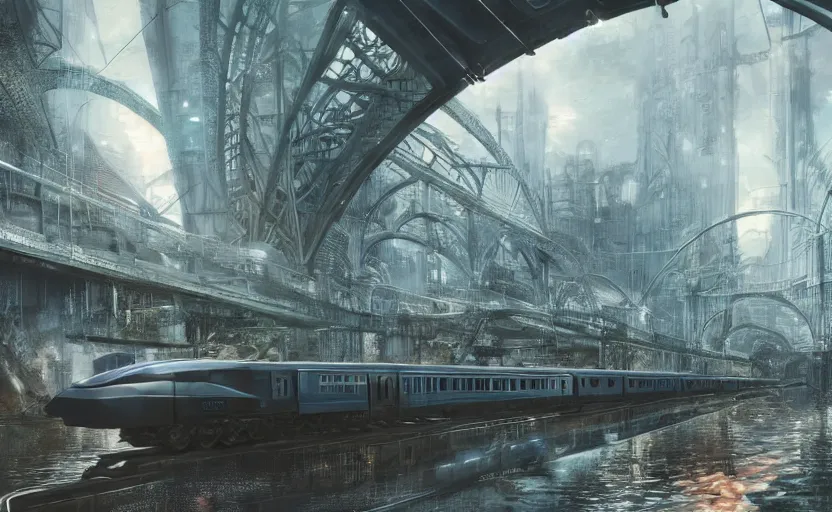 Image similar to An urban train rides inside of a waterway on a fantasy city, hyperrealistic mixed media, stunning 3d render inspired art by P. Craig Russell and Barry Windsor-Smith + perfect facial symmetry + dim volumetric lighting, 8k octane beautifully detailed render, post-processing, extremely hyperdetailed, intricate futuristic mechanic parts, epic composition, grim yet sparkling atmosphere, cinematic lighting + masterpiece, trending on artstation